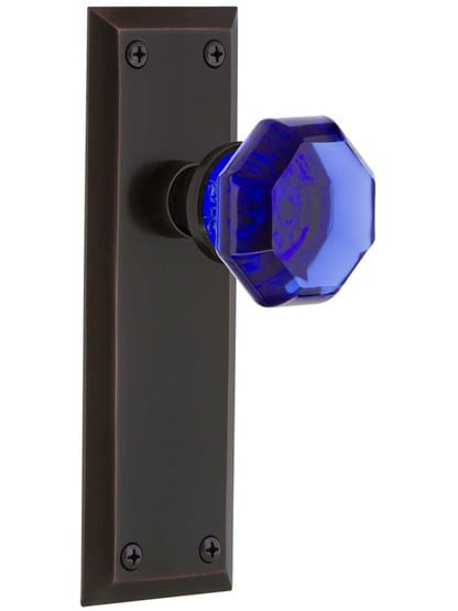 New York Door Set with Colored Waldorf Crystal Glass Knobs Cobalt Blue in Timeless Bronze.